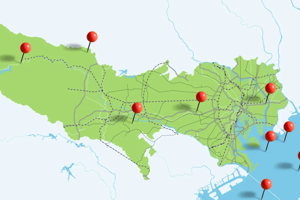 東京都の地図に各種ピン止めをしている